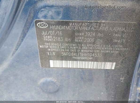 5NPD84LF5HH104533 2017 HYUNDAI ELANTRA Blue ძრავის განყოფილების ხედი