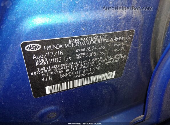 5NPD84LF5HH121669 2017 HYUNDAI ELANTRA Blue 