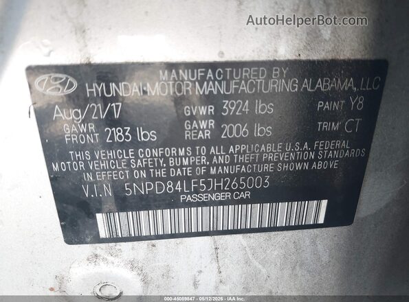 5NPD84LF5JH265003 2018 HYUNDAI ELANTRA Silver Շարժիչի բաժամունքի տեսք