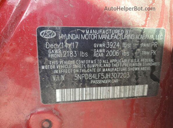 5NPD84LF5JH307203 2018 HYUNDAI ELANTRA Красный Вид наклейки с VIN-кодом