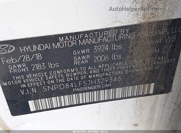 5NPD84LF5JH329346 2018 HYUNDAI ELANTRA White Widok komory silnika