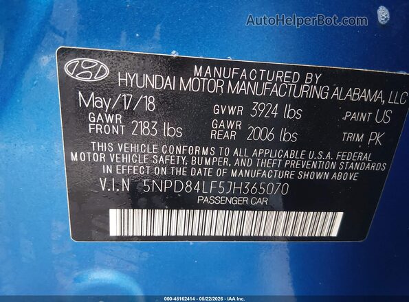 5NPD84LF5JH365070 2018 HYUNDAI ELANTRA Blue Вид підкапотного простору
