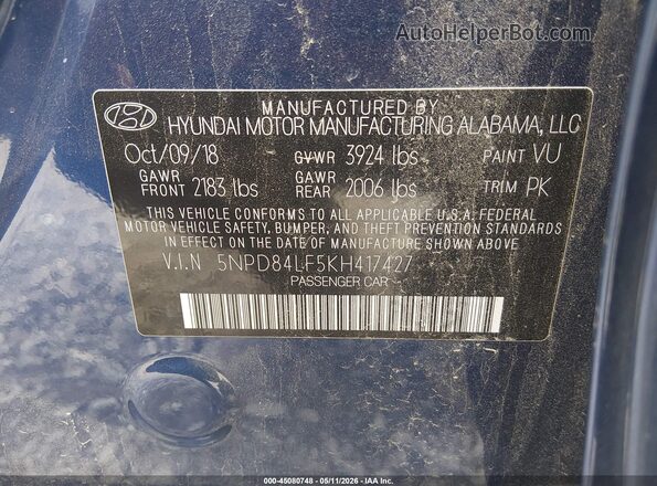 5NPD84LF5KH417427 2019 HYUNDAI ELANTRA Blue Engine compartment view