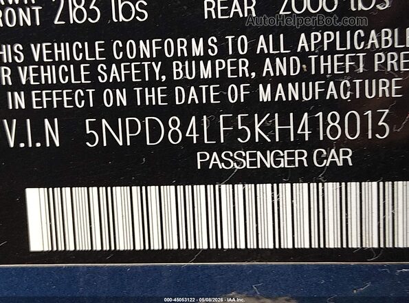 5NPD84LF5KH418013 2019 HYUNDAI ELANTRA Blue Engine compartment view