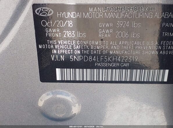 5NPD84LF5KH422319 2019 HYUNDAI ELANTRA Gray 