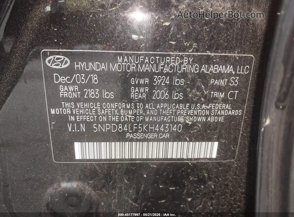 5NPD84LF5KH443140 2019 HYUNDAI ELANTRA Black Engine compartment view