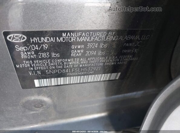 5NPD84LF5LH532921 2020 HYUNDAI ELANTRA Gray Engine compartment view