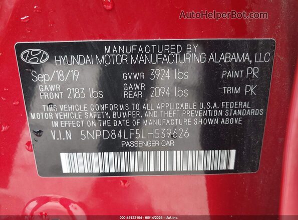 5NPD84LF5LH539626 2020 HYUNDAI ELANTRA Красный Вид подкапотного пространства