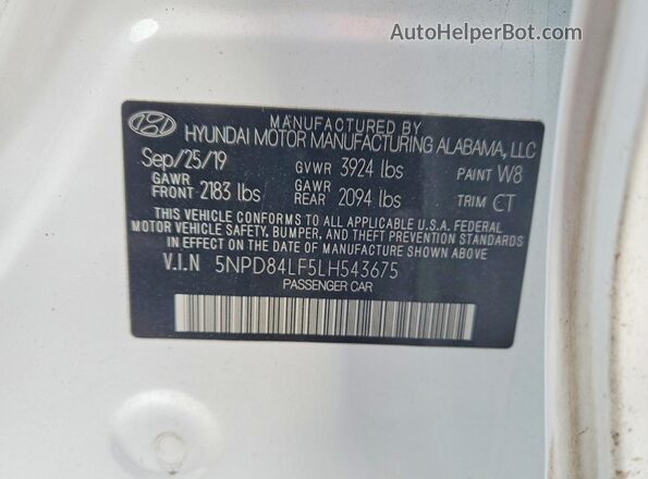 5NPD84LF5LH543675 2020 HYUNDAI ELANTRA White 