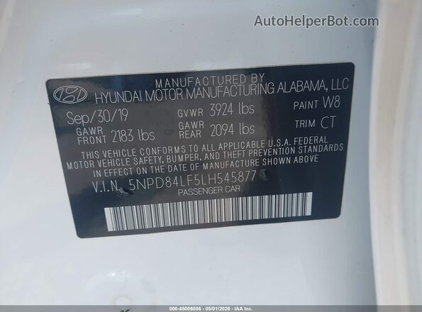 5NPD84LF5LH545877 2020 HYUNDAI ELANTRA White Vista del compartimento del motor