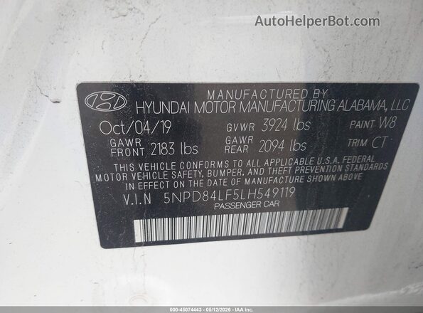 5NPD84LF5LH549119 2020 HYUNDAI ELANTRA White 