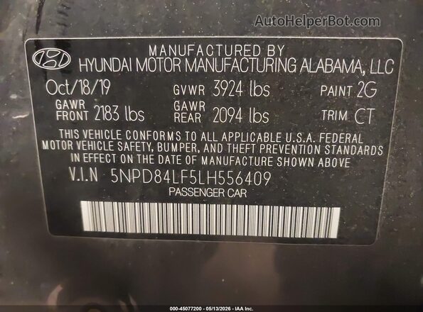5NPD84LF5LH556409 2020 HYUNDAI ELANTRA Gray 