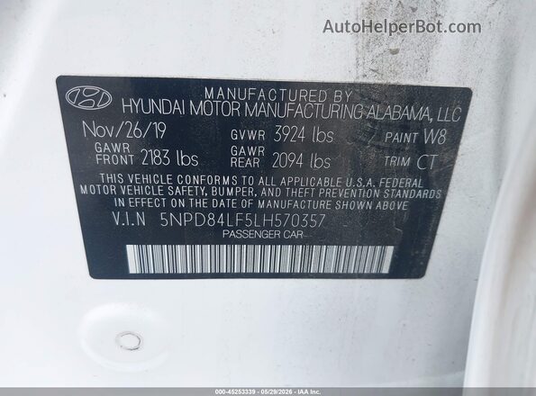 5NPD84LF5LH570357 2020 HYUNDAI ELANTRA Белый Вид подкапотного пространства