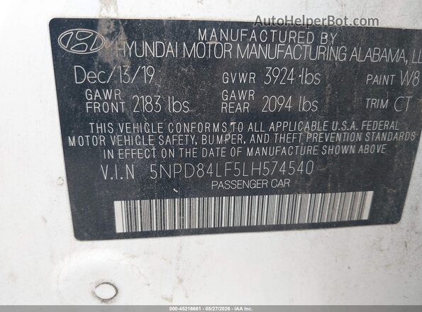 5NPD84LF5LH574540 2020 HYUNDAI ELANTRA White Vista del compartimento del motor
