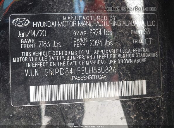 5NPD84LF5LH580886 2020 HYUNDAI ELANTRA Black Շարժիչի բաժամունքի տեսք