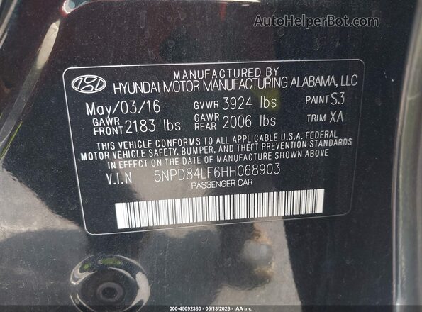 5NPD84LF6HH068903 2017 HYUNDAI ELANTRA Black 