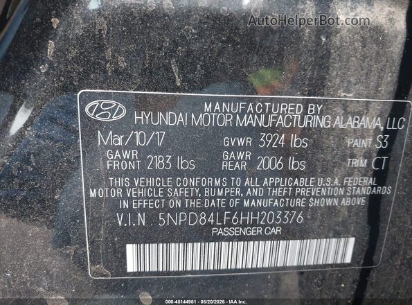 5NPD84LF6HH203376 2017 HYUNDAI ELANTRA Black ძრავის განყოფილების ხედი
