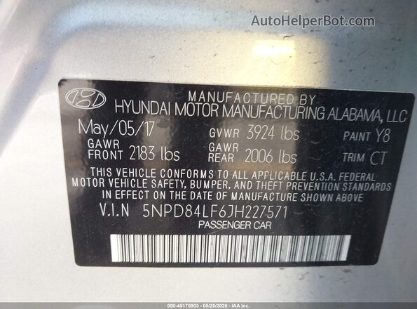 5NPD84LF6JH227571 2018 HYUNDAI ELANTRA Silver 