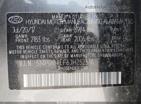 5NPD84LF6JH252518 2018 HYUNDAI ELANTRA Серый Вид подкапотного пространства