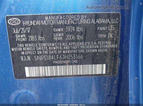 5NPD84LF6JH253166 2018 HYUNDAI ELANTRA Blue 