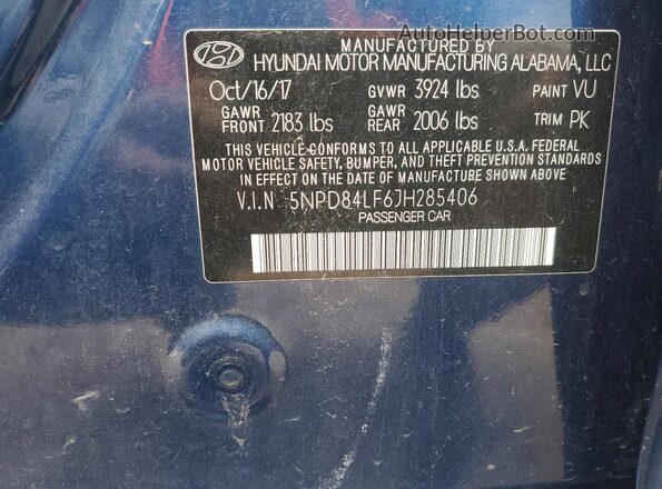 5NPD84LF6JH285406 2018 HYUNDAI ELANTRA Blue Շարժիչի բաժամունքի տեսք