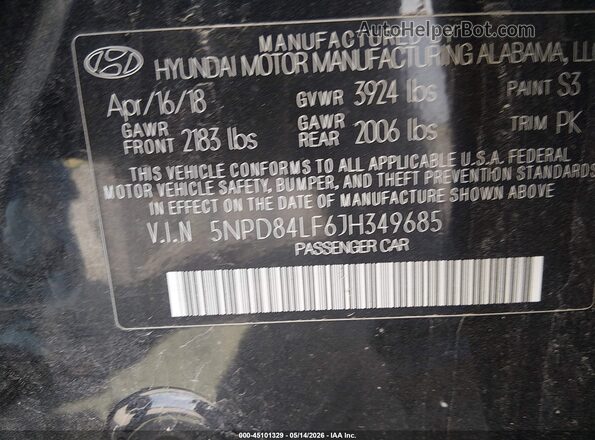 5NPD84LF6JH349685 2018 HYUNDAI ELANTRA Черный Вид подкапотного пространства