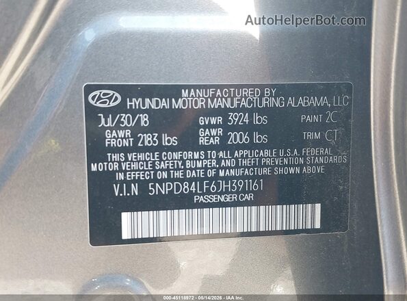 5NPD84LF6JH391161 2018 HYUNDAI ELANTRA Gray Vista del compartimento del motor