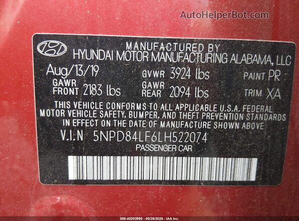 5NPD84LF6LH522074 2020 HYUNDAI ELANTRA Red Engine compartment view