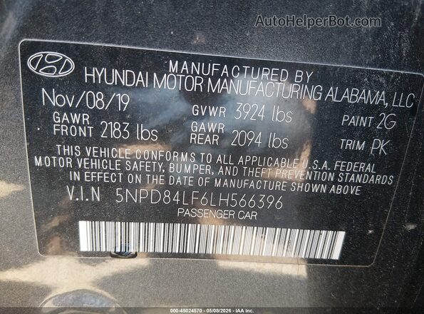 5NPD84LF6LH566396 2020 HYUNDAI ELANTRA Gray Widok komory silnika