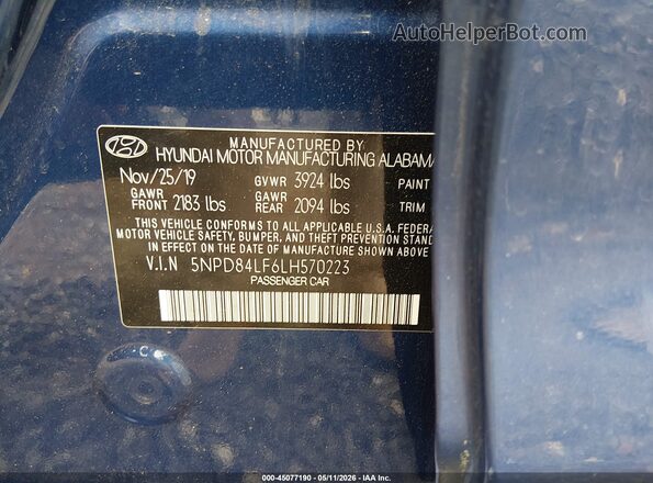 5NPD84LF6LH570223 2020 HYUNDAI ELANTRA Blue Engine compartment view
