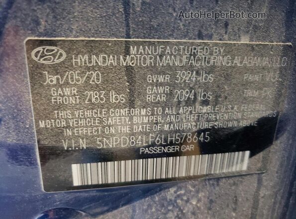 5NPD84LF6LH578645 2020 HYUNDAI ELANTRA Blue 