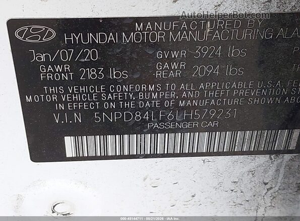 5NPD84LF6LH579231 2020 HYUNDAI ELANTRA Белый Вид подкапотного пространства