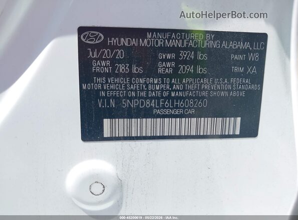 5NPD84LF6LH608260 2020 HYUNDAI ELANTRA Белый Вид подкапотного пространства