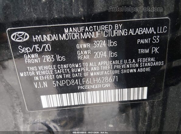 5NPD84LF6LH628671 2020 HYUNDAI ELANTRA Black Vista del compartimento del motor