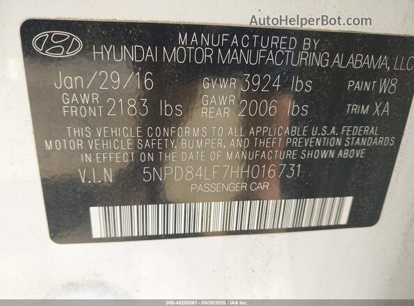 5NPD84LF7HH016731 2017 HYUNDAI ELANTRA White Շարժիչի բաժամունքի տեսք