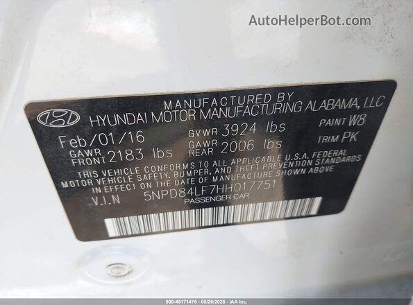 5NPD84LF7HH017751 2017 HYUNDAI ELANTRA White 