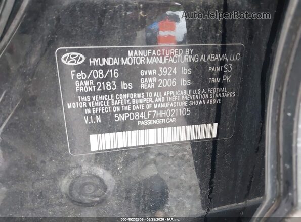 5NPD84LF7HH021105 2017 HYUNDAI ELANTRA Black 