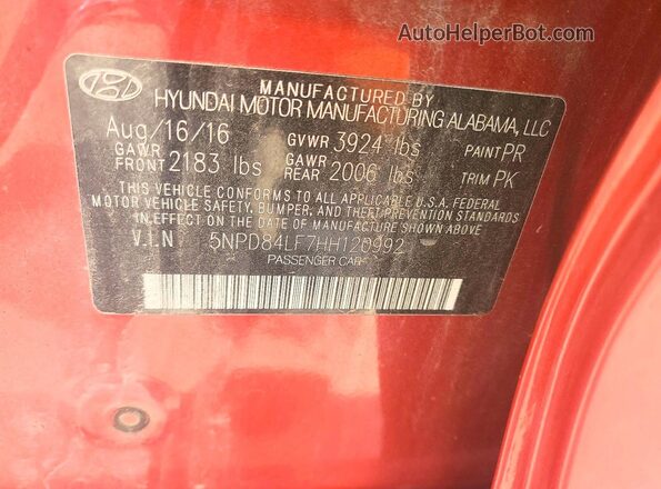 5NPD84LF7HH120992 2017 HYUNDAI ELANTRA Red 