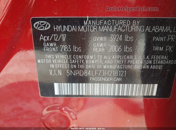5NPD84LF7JH218121 2018 HYUNDAI ELANTRA Red 