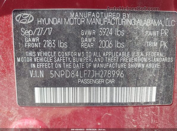 5NPD84LF7JH278996 2018 HYUNDAI ELANTRA Red Vista del compartimento del motor