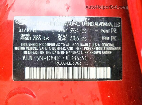 5NPD84LF7JH386390 2018 HYUNDAI ELANTRA Red 