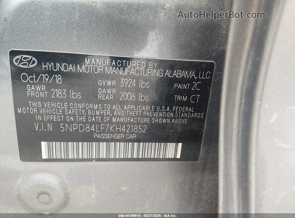 5NPD84LF7KH421852 2019 HYUNDAI ELANTRA Silver Vista del compartimento del motor