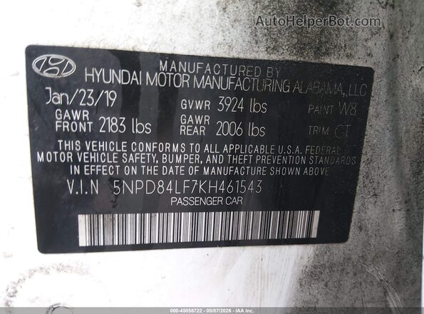 5NPD84LF7KH461543 2019 HYUNDAI ELANTRA White Engine compartment view