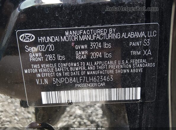 5NPD84LF7LH623463 2020 HYUNDAI ELANTRA Black Widok komory silnika