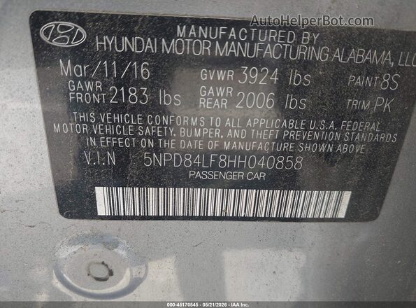 5NPD84LF8HH040858 2017 HYUNDAI ELANTRA Silver Widok komory silnika