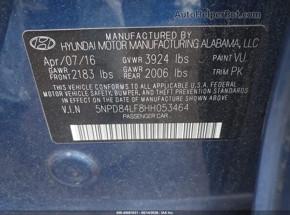 5NPD84LF8HH053464 2017 HYUNDAI ELANTRA Blue ძრავის განყოფილების ხედი