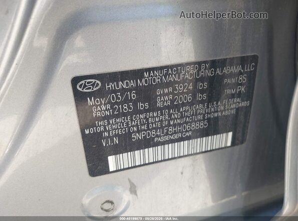 5NPD84LF8HH068885 2017 HYUNDAI ELANTRA Серебряный Вид подкапотного пространства