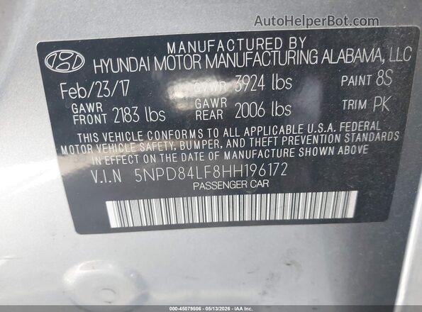 5NPD84LF8HH196172 2017 HYUNDAI ELANTRA Серый Вид подкапотного пространства