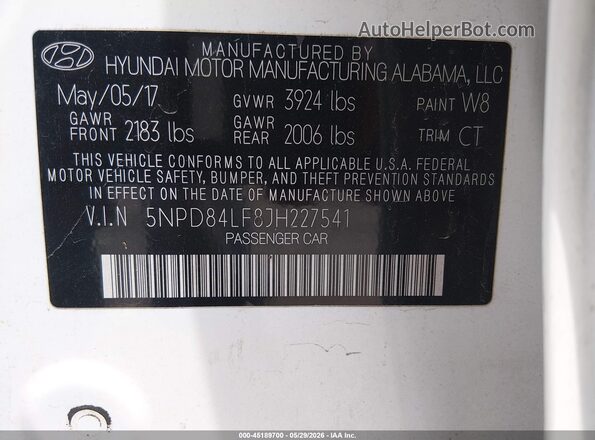 5NPD84LF8JH227541 2018 HYUNDAI ELANTRA White Vista del compartimento del motor