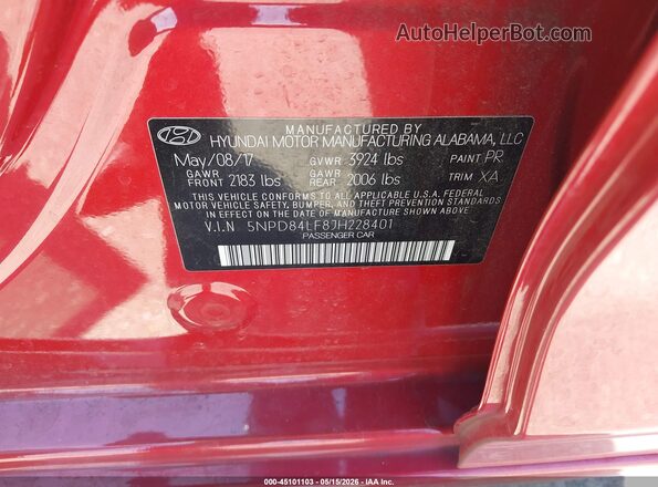 5NPD84LF8JH228401 2018 HYUNDAI ELANTRA Maroon ძრავის განყოფილების ხედი